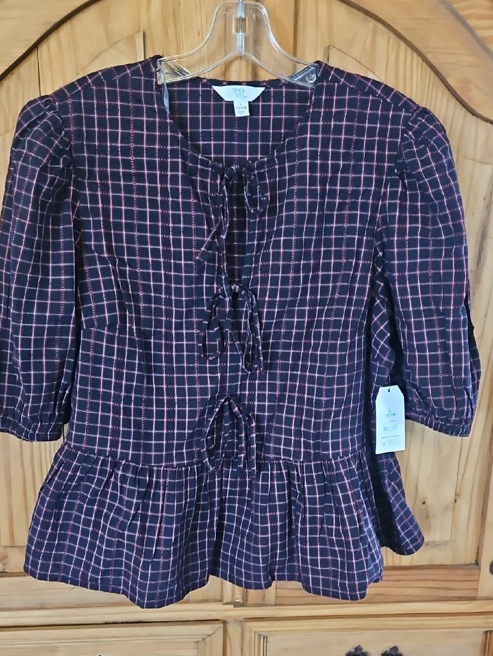 Time and Tru Black Top with Red Windowpane Peplum and Front Ties